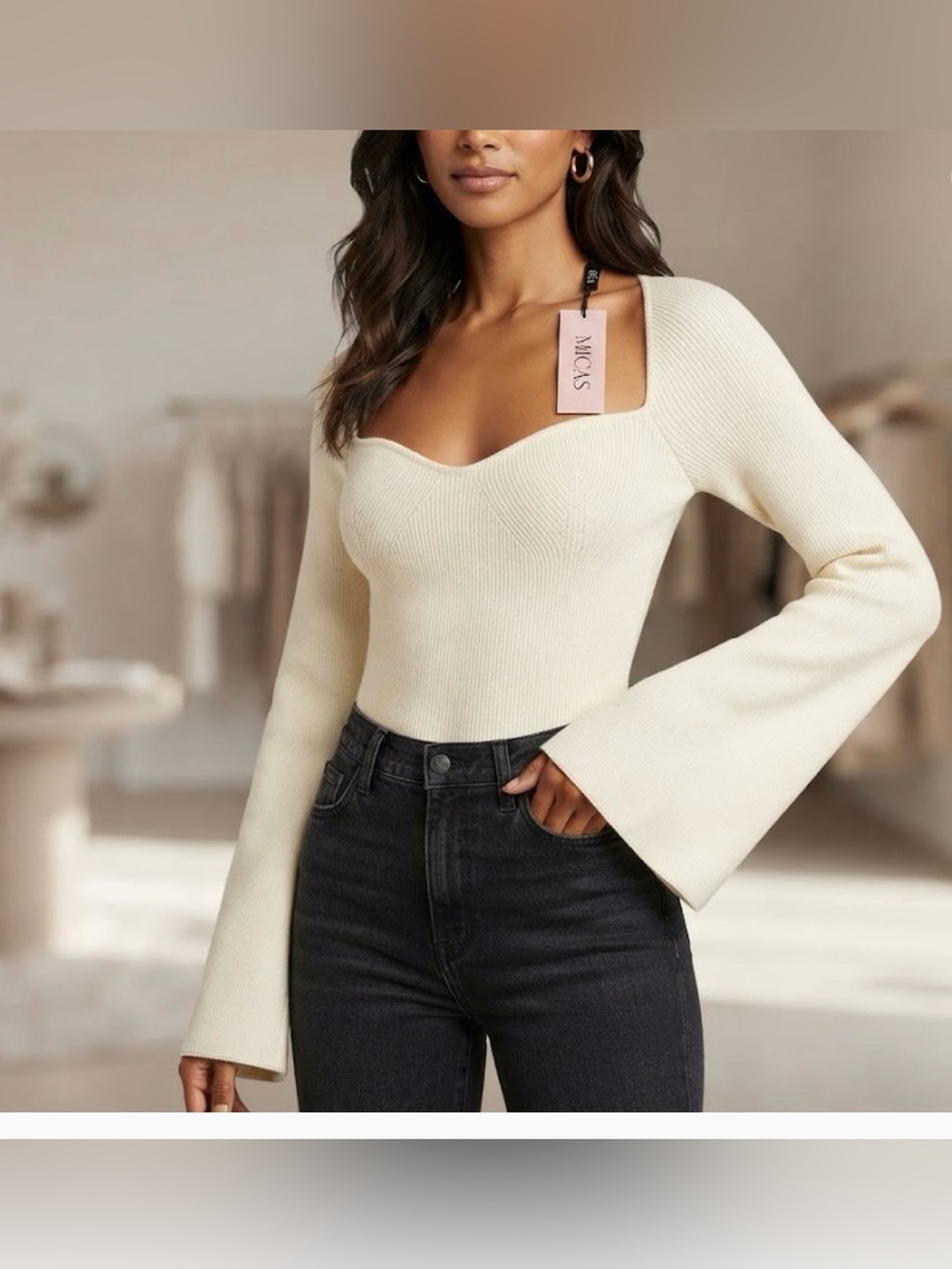 New micas white Sweetheart Neck Bell Sleeve Top  one size